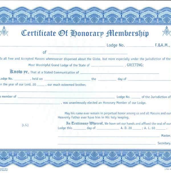 Honorary membership certificate card envelope the grand lodge of